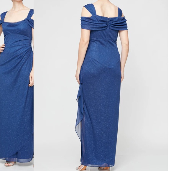 Alex Evenings Dresses & Skirts - Alex Evening Sz12 Cold Shoulder Glitter Mesh Blue Dress Draped Skirt Cowl Neck